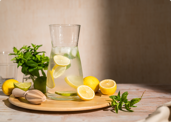 Jarra de vidro com fatias de limão, gelo e hortelã sobre mesa de madeira.